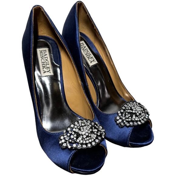 Badgley Mischka Goodie Peep-Toe Pump Satin Stiletto Heel Crystal Royal Blue 6.5 - Picture 2 of 6